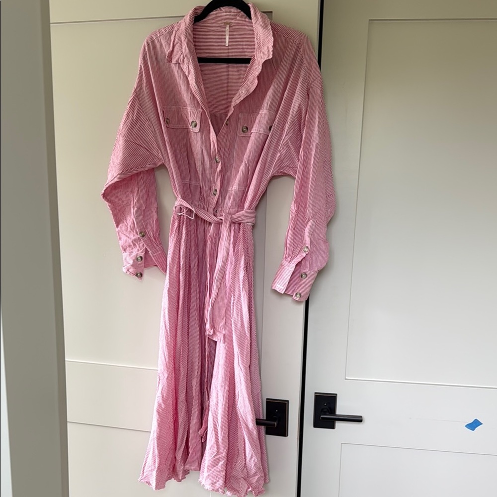 Free People Pink Buttoned Tie Front Midi Dress